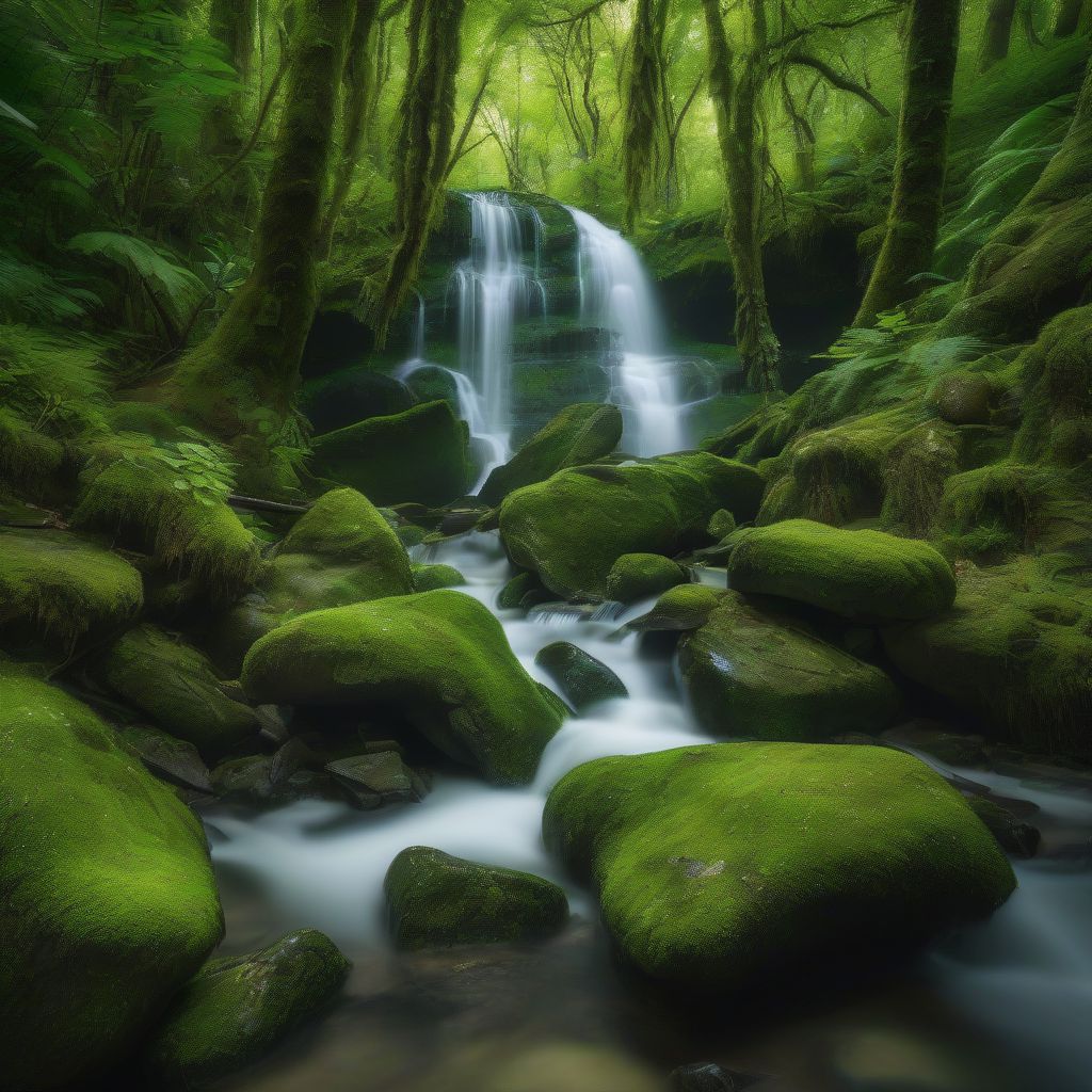 Majestic Waterfall in a Lush Green Forest