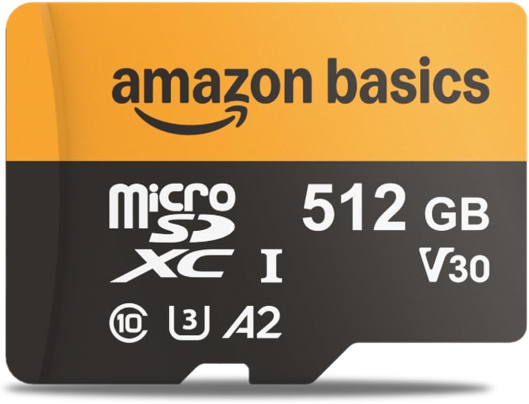 Amazon Basics 512GB MicroSDX Card with Reader Adapter, Fast Speed Up to 200MB/s, C10, U3, V30, 4K, 5K, A2, Black, 1-Pack