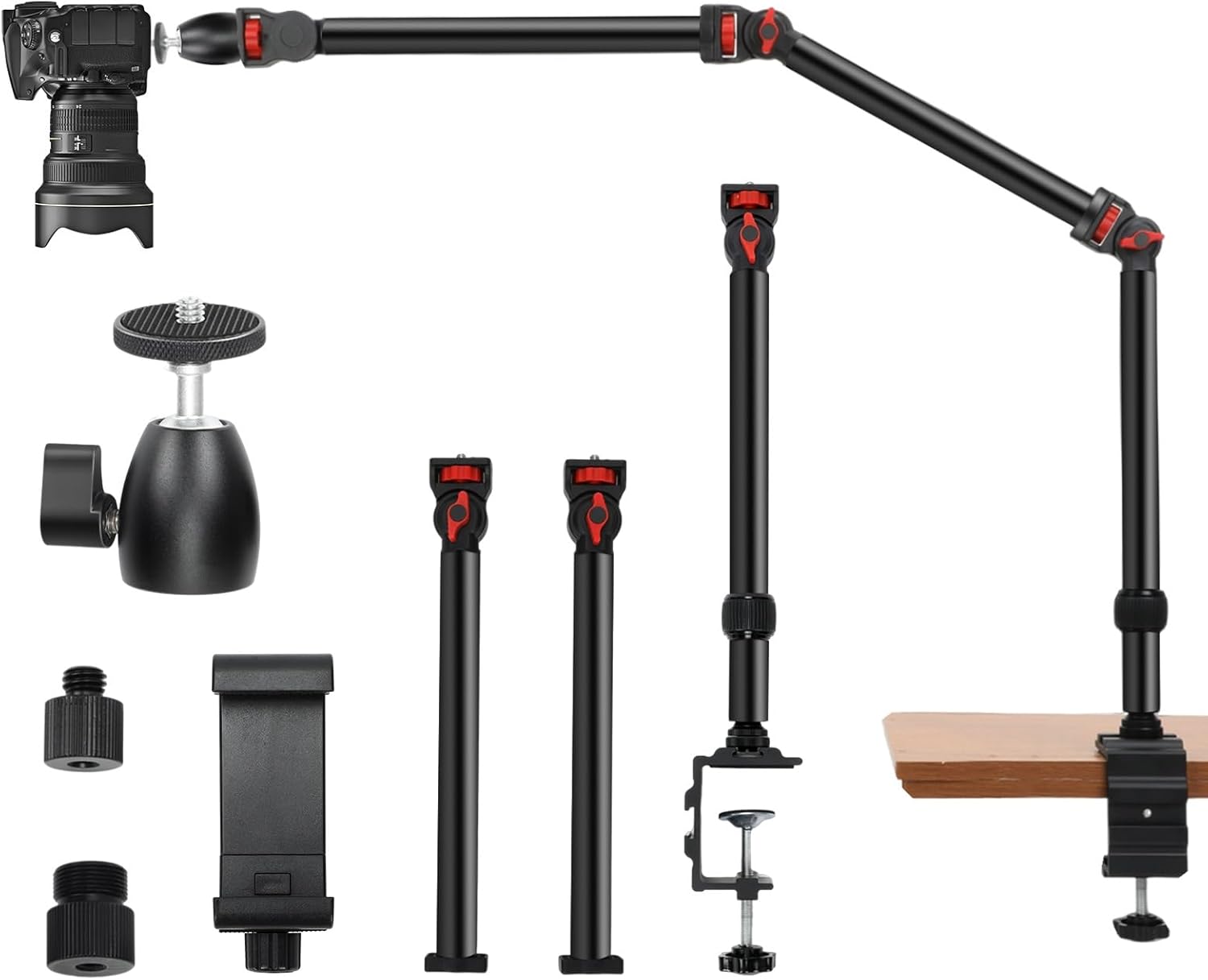 Overhead Camera Desk Mount Stand-3-Section Adjustable Boom Arm with C-Clamp 360° Ball Head 5LB Load Capacity Compatible with DSLR,Webcam,Lights,Microphone Live,YouTube,Online Courses
