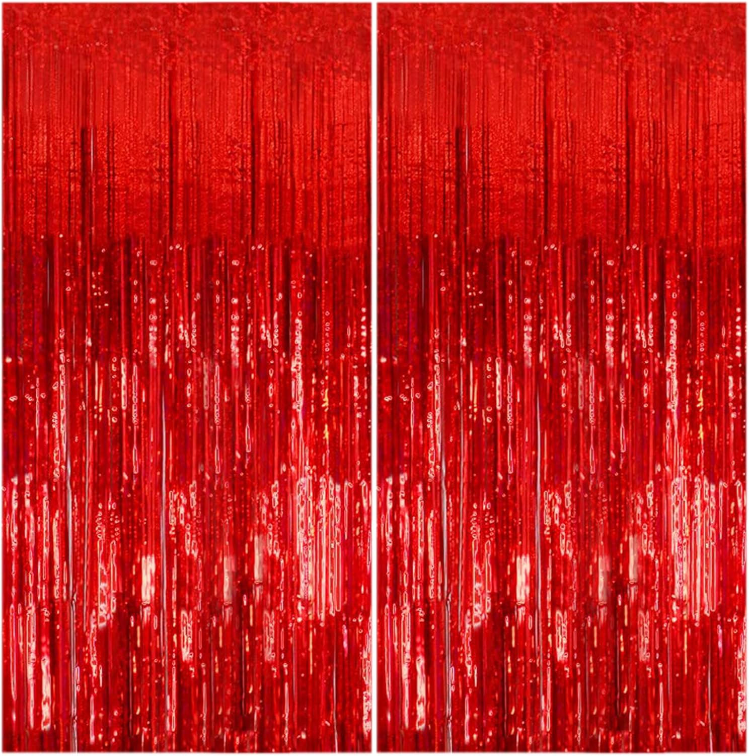 K.E.J. 2 Pack Foil Curtain Backdrop Red Metallic Tinsel Foil Fringe Curtains Photo Booth Props for Birthday Wedding Engagement Baby Shower Bachelorette Christmas Holiday Celebration Party Decorations